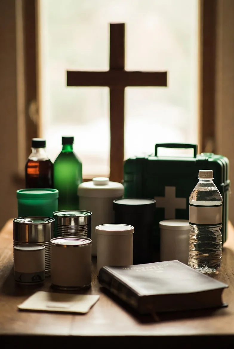 Emergency preparedness supplies with Bible and cross — food storage and first aid